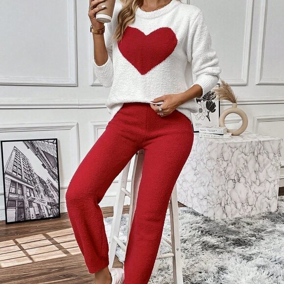 Red & White Casual Womens Heart Pattern Drop Shoulder Sweater & Knit Pants - Picture 1 of 5